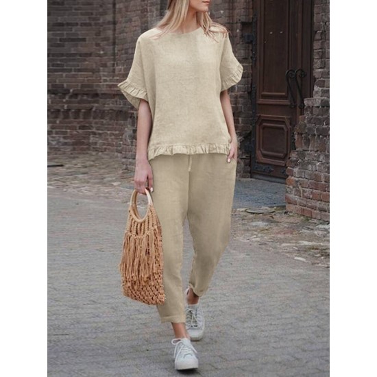 Solid Ruffle Pocket Half Sleeve Round Neck Suit Solid Ruffle Pocket Half Sleeve Round Neck Suit