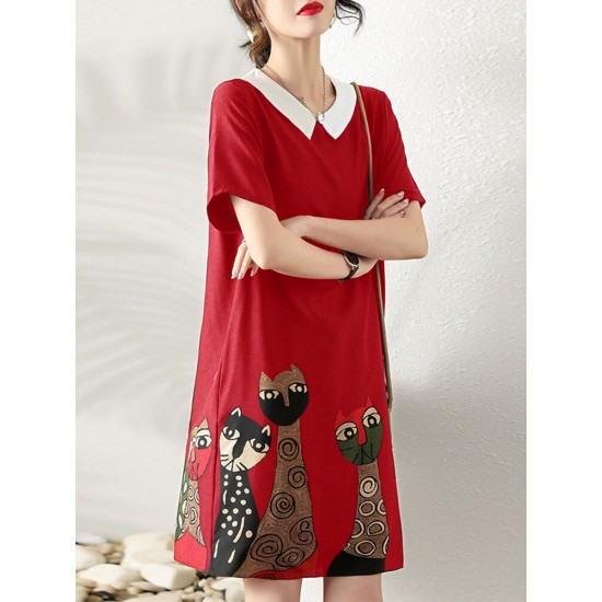 Cartoon Cat Print Contrast Peter Pan Collar Short Sleeve Dress Cartoon Cat Print Contrast Peter Pan Collar Short Sleeve Dress