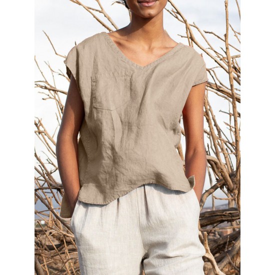 Solid Pocket Slit V neck Short Sleeve Casual Blouse Solid Pocket Slit V neck Short Sleeve Casual Blouse