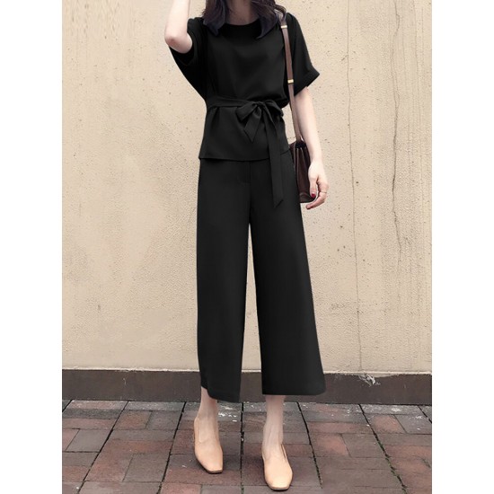 Solid Belt Pocket Rolled Sleeve Wide Leg Two Pieces Suit Solid Belt Pocket Rolled Sleeve Wide Leg Two Pieces Suit
