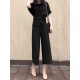 Solid Belt Pocket Rolled Sleeve Wide Leg Two Pieces Suit Solid Belt Pocket Rolled Sleeve Wide Leg Two Pieces Suit