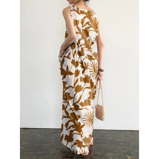 Plant Print Pocket Round Neck Sleeveless Print Dress Plant Print Pocket Round Neck Sleeveless Print Dress