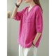 Solid Button Pocket V Neck Half Sleeve Casual Cotton Blouse Solid Button Pocket V Neck Half Sleeve Casual Cotton Blouse