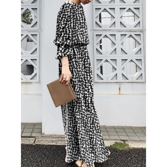Geo Print Long Sleeve Slit Side Crew Neck Maxi Dress Geo Print Long Sleeve Slit Side Crew Neck Maxi Dress
