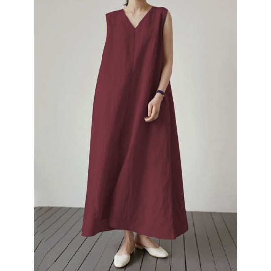 Solid V Neck Sleeveless Casual Cotton Maxi Dress Solid V Neck Sleeveless Casual Cotton Maxi Dress