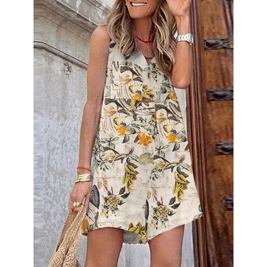 Sleeveless Button Print Flower Pocket Regular Fit Jumpsuit Sleeveless Button Print Flower Pocket Regular Fit Jumpsuit