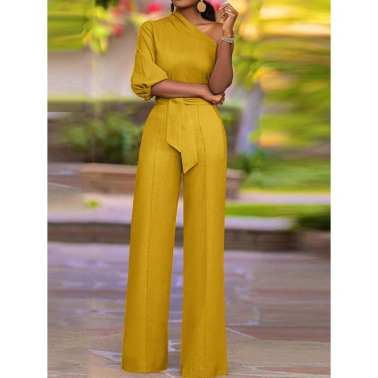 High Waist Solid Pocket Asymmetrical One Shoulder Jumpsuit High Waist Solid Pocket Asymmetrical One Shoulder Jumpsuit