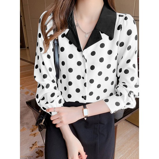 Polka Dot Contrast Color Lapel Button Long Sleeve Casual Shirt Polka Dot Contrast Color Lapel Button Long Sleeve Casual Shirt
