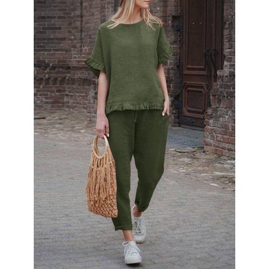 Solid Ruffle Pocket Half Sleeve Round Neck Suit Solid Ruffle Pocket Half Sleeve Round Neck Suit