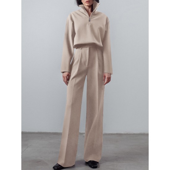 Solid Zip Front Hasp Long Sleeve Lapel Two Pieces Set Solid Zip Front Hasp Long Sleeve Lapel Two Pieces Set