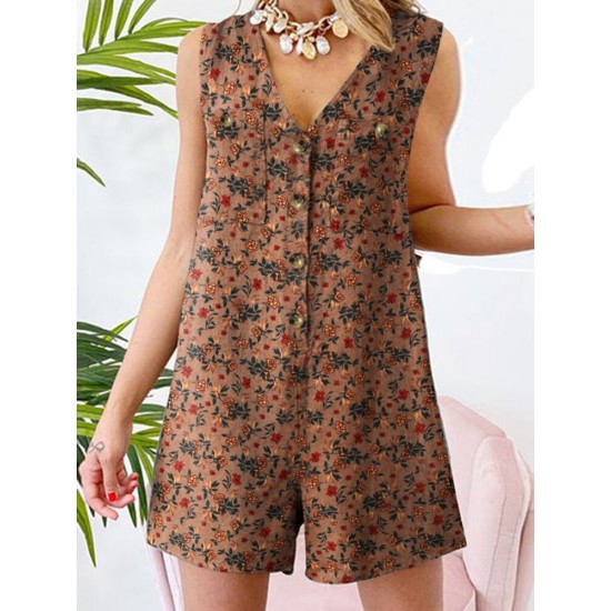 Leisure Calico Button Pocket Sleeveless V Neck Cotton Romper Leisure Calico Button Pocket Sleeveless V Neck Cotton Romper