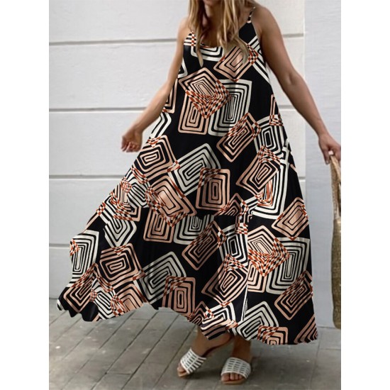 Geometry Print Backless Sleeveless V Neck Spaghetti Maxi Dress Geometry Print Backless Sleeveless V Neck Spaghetti Maxi Dress