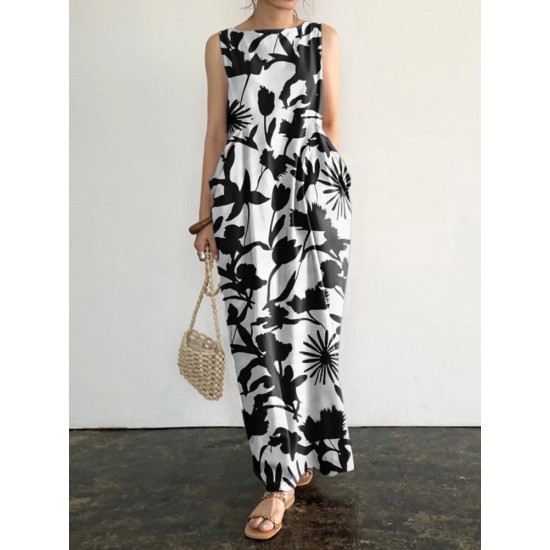 Plant Print Pocket Round Neck Sleeveless Print Dress Plant Print Pocket Round Neck Sleeveless Print Dress
