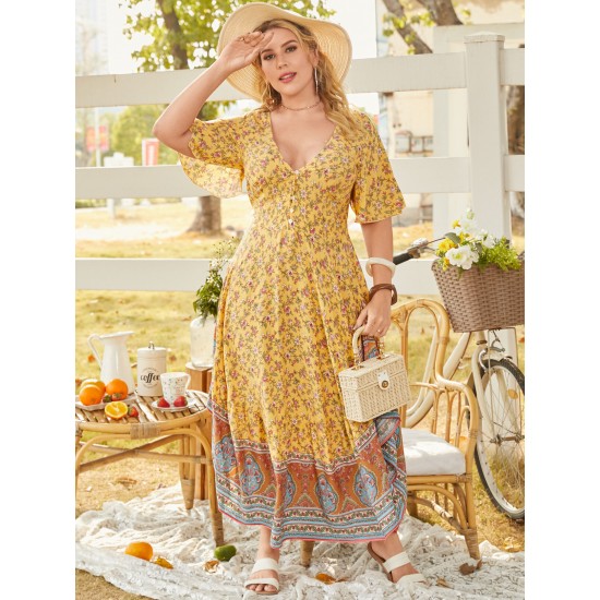 Plus Size V neck Tribal Button Design Short Sleeves Maxi Dress Plus Size V neck Tribal Button Design Short Sleeves Maxi Dress