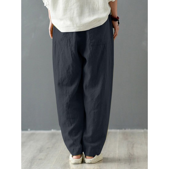 Solid Cotton Pocket Elastic Waist Casual Loose Pants Solid Cotton Pocket Elastic Waist Casual Loose Pants