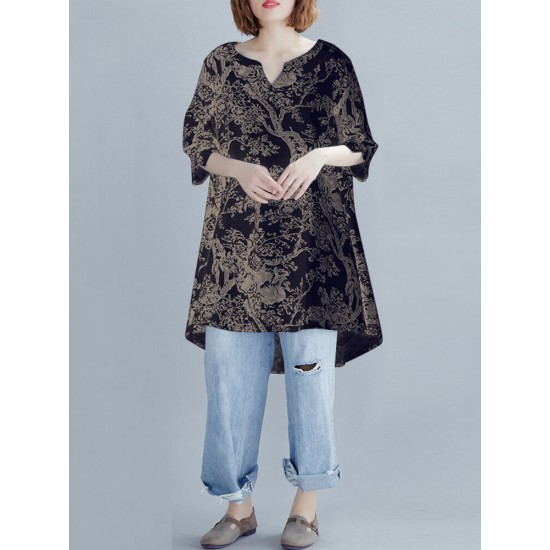 Plant Print Split V Neck High Low Hem Cotton Casual Blouse Plant Print Split V Neck High Low Hem Cotton Casual Blouse