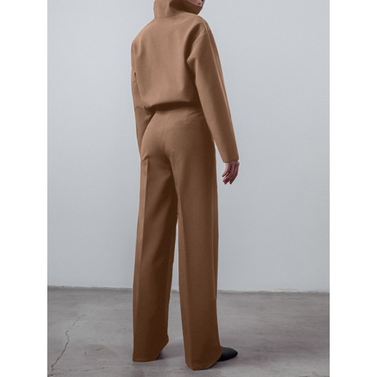 Solid Zip Front Hasp Long Sleeve Lapel Two Pieces Set Solid Zip Front Hasp Long Sleeve Lapel Two Pieces Set