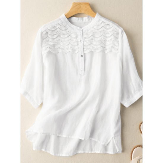 Solid Patchwork Split Stand Collar Casual Blouse Solid Patchwork Split Stand Collar Casual Blouse