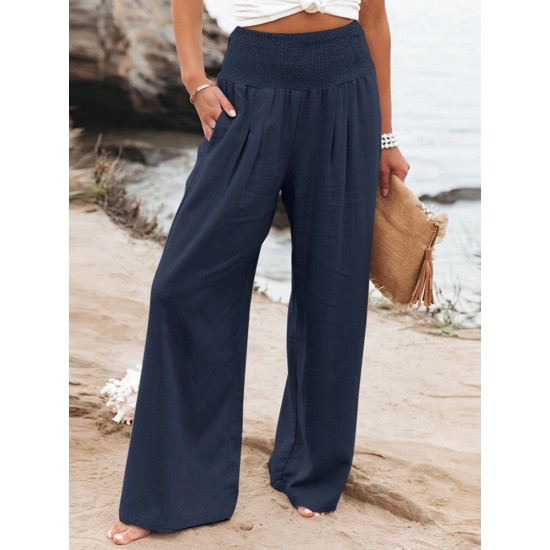 Leisure Solid Shirring Pocket Wide Leg Cotton Pants Leisure Solid Shirring Pocket Wide Leg Cotton Pants