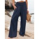 Leisure Solid Shirring Pocket Wide Leg Cotton Pants Leisure Solid Shirring Pocket Wide Leg Cotton Pants