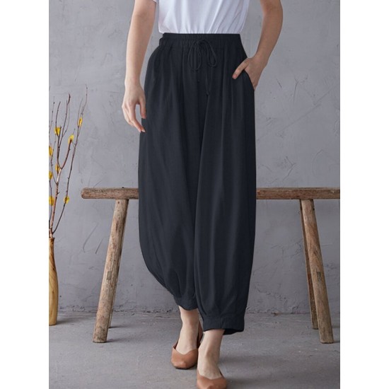 Solid Elastic Waist Drawstring Pocket Cotton Casual Pants Solid Elastic Waist Drawstring Pocket Cotton Casual Pants