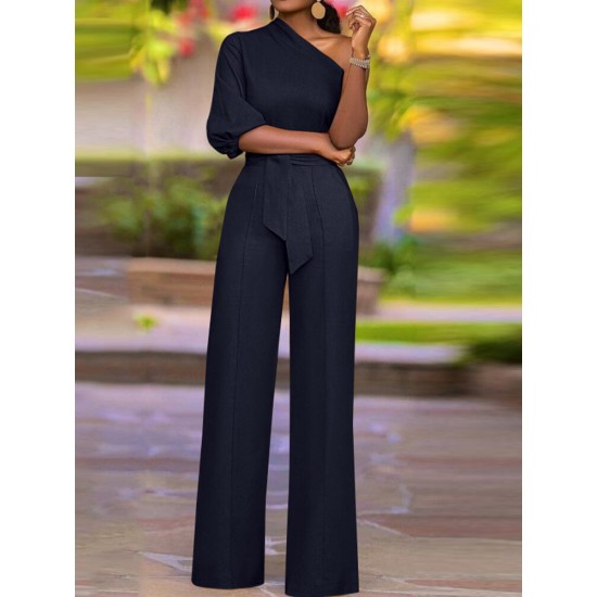 High Waist Solid Pocket Asymmetrical One Shoulder Jumpsuit High Waist Solid Pocket Asymmetrical One Shoulder Jumpsuit