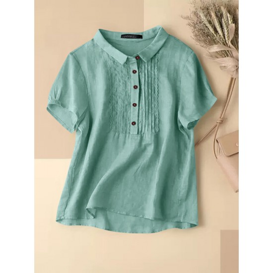 Solid Patchwork Button Lapel Short Sleeve Casual Blouse Solid Patchwork Button Lapel Short Sleeve Casual Blouse