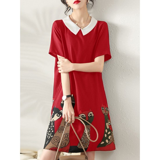 Cartoon Cat Print Contrast Peter Pan Collar Short Sleeve Dress Cartoon Cat Print Contrast Peter Pan Collar Short Sleeve Dress