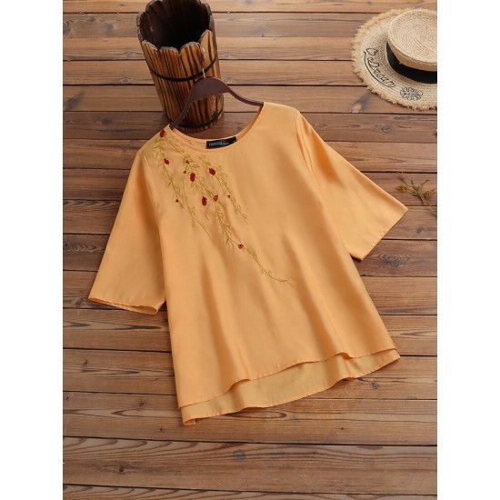 Plants Embroidered Round Neck Half Sleeve Casual Blouse Plants Embroidered Round Neck Half Sleeve Casual Blouse