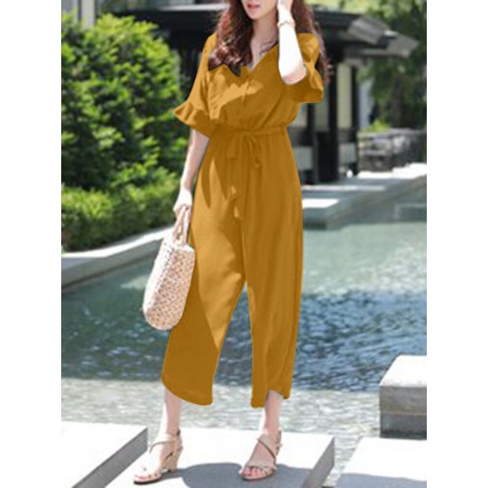 Solid Belt Pocket Button Ruffle Sleeve V neck Jumpsuit Solid Belt Pocket Button Ruffle Sleeve V neck Jumpsuit