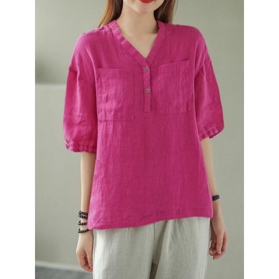 Solid Button Pocket V Neck Half Sleeve Casual Cotton Blouse Solid Button Pocket V Neck Half Sleeve Casual Cotton Blouse