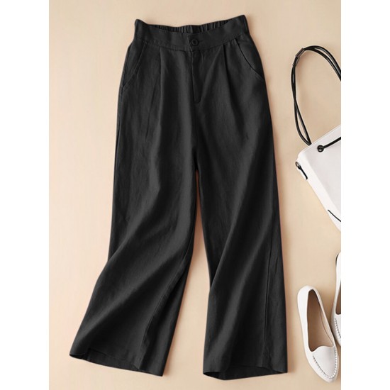 Solid Elastic Waist Pocket Button Wide Leg Pants Solid Elastic Waist Pocket Button Wide Leg Pants