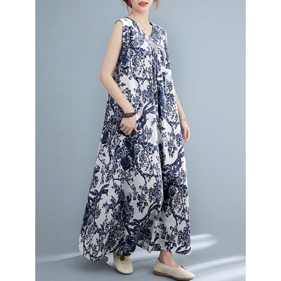 Plant Print Ruched Sleeveless Casual Maxi Cotton Dress Plant Print Ruched Sleeveless Casual Maxi Cotton Dress