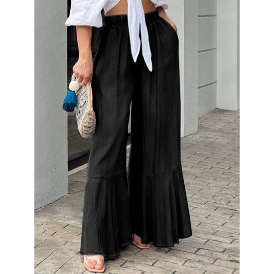 Leisure Solid Ruffle Wide Leg Pocket Pants Leisure Solid Ruffle Wide Leg Pocket Pants