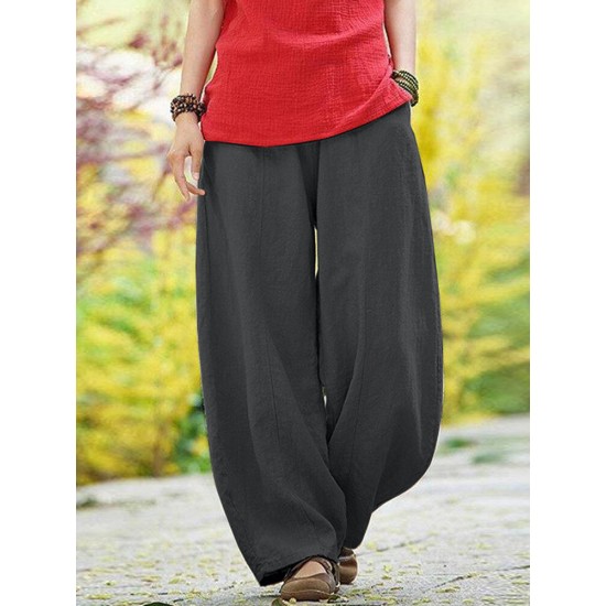 Solid Pocket Elastic Waist Cotton Casual Pants Solid Pocket Elastic Waist Cotton Casual Pants
