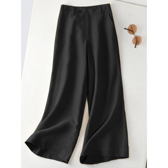 Leisure Solid Button Pocket Wide Leg Cotton Pants Leisure Solid Button Pocket Wide Leg Cotton Pants