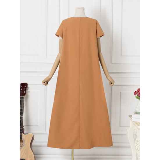 Solid Lettuce Edge V neck Short Sleeve Swing Maxi Dress Solid Lettuce Edge V neck Short Sleeve Swing Maxi Dress