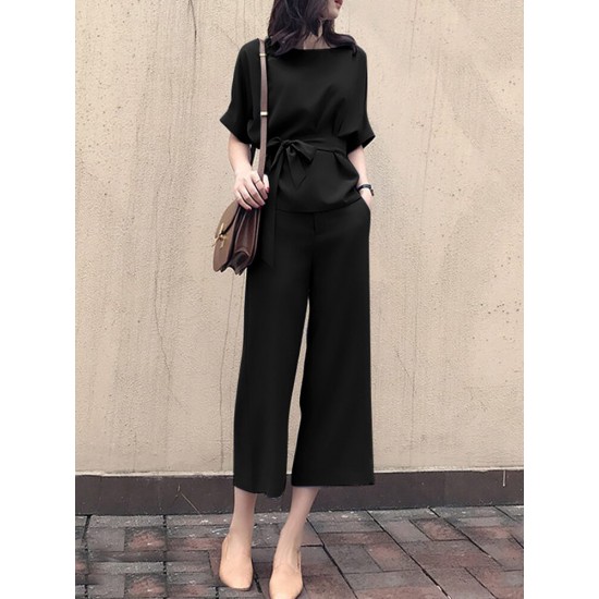Solid Belt Pocket Rolled Sleeve Wide Leg Two Pieces Suit Solid Belt Pocket Rolled Sleeve Wide Leg Two Pieces Suit