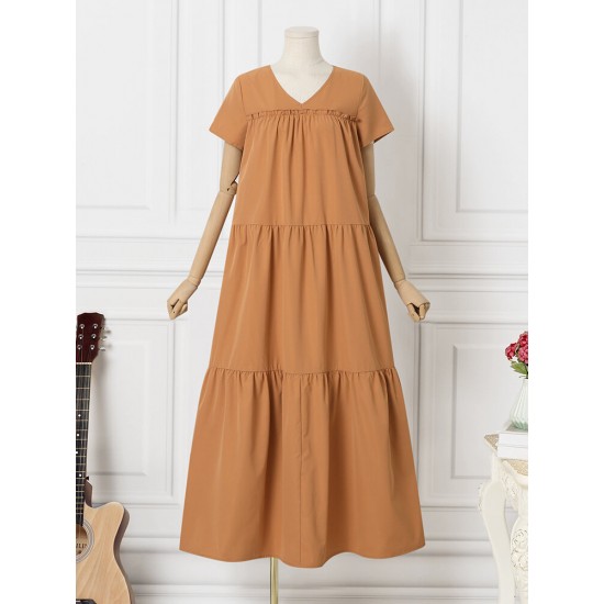 Solid Lettuce Edge V neck Short Sleeve Swing Maxi Dress Solid Lettuce Edge V neck Short Sleeve Swing Maxi Dress