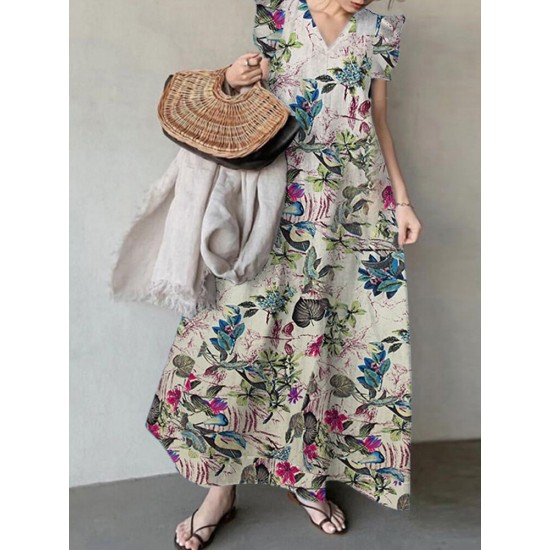 Plant Print Sleeveless Ruffle V Neck Cotton Maxi Dress Plant Print Sleeveless Ruffle V Neck Cotton Maxi Dress