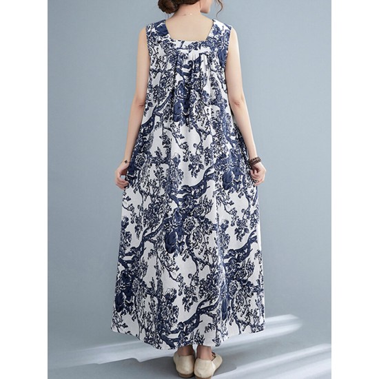 Plant Print Ruched Sleeveless Casual Maxi Cotton Dress Plant Print Ruched Sleeveless Casual Maxi Cotton Dress