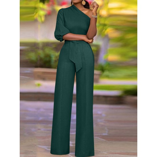 High Waist Solid Pocket Asymmetrical One Shoulder Jumpsuit High Waist Solid Pocket Asymmetrical One Shoulder Jumpsuit