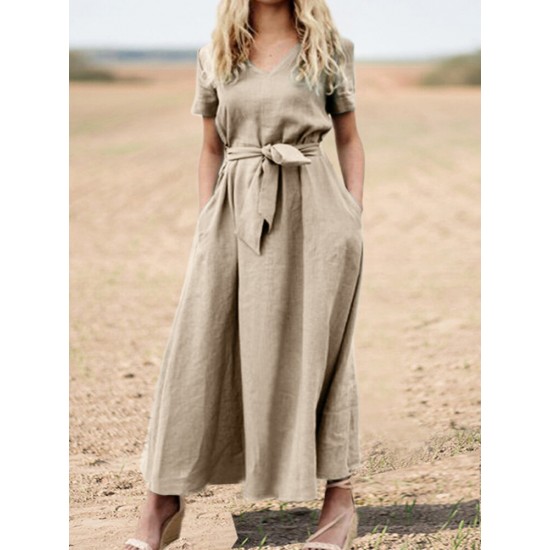 Solid Pocket Sash Short Sleeve Cotton Casual Maxi Dress Solid Pocket Sash Short Sleeve Cotton Casual Maxi Dress