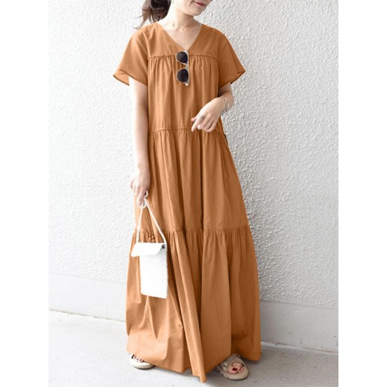 Solid Lettuce Edge V neck Short Sleeve Swing Maxi Dress Solid Lettuce Edge V neck Short Sleeve Swing Maxi Dress