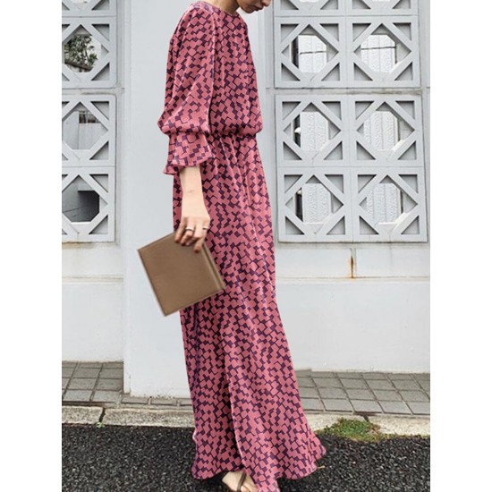 Geo Print Long Sleeve Slit Side Crew Neck Maxi Dress Geo Print Long Sleeve Slit Side Crew Neck Maxi Dress