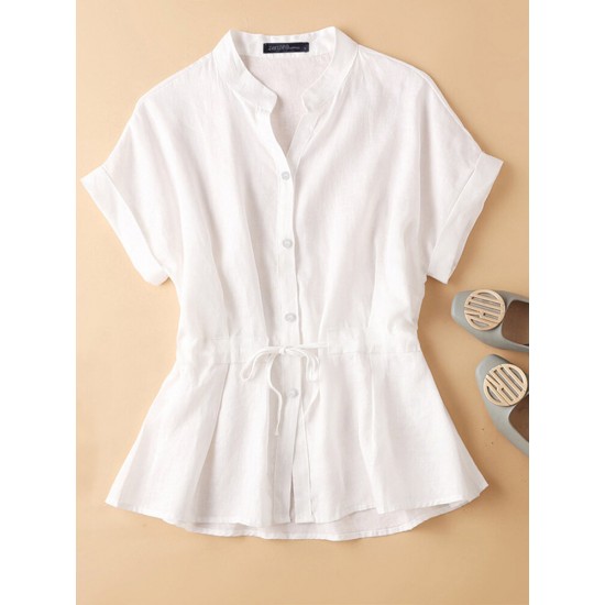 Solid Button Drawstring V Neck Roll Sleeve Casual Cotton Blouse Solid Button Drawstring V Neck Roll Sleeve Casual Cotton Blouse