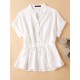 Solid Button Drawstring V Neck Roll Sleeve Casual Cotton Blouse Solid Button Drawstring V Neck Roll Sleeve Casual Cotton Blouse