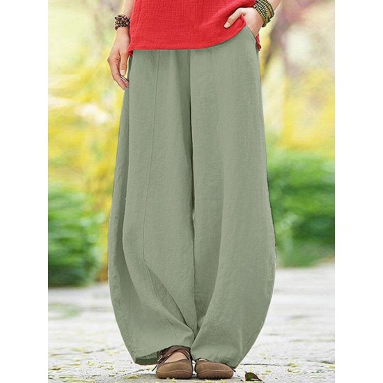 Solid Pocket Elastic Waist Cotton Casual Pants Solid Pocket Elastic Waist Cotton Casual Pants