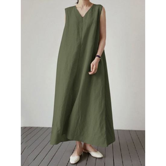 Solid V Neck Sleeveless Casual Cotton Maxi Dress Solid V Neck Sleeveless Casual Cotton Maxi Dress