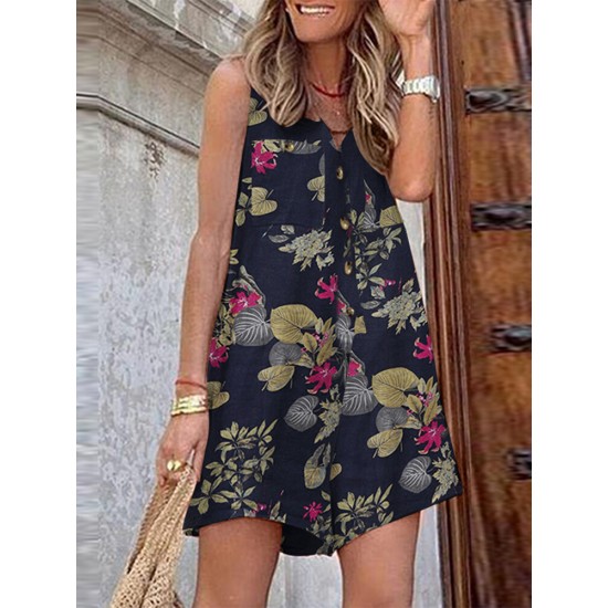Sleeveless Button Print Flower Pocket Regular Fit Jumpsuit Sleeveless Button Print Flower Pocket Regular Fit Jumpsuit